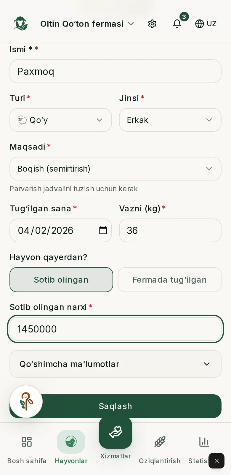Chorvam: yangi hayvon qo‘shish ekrani