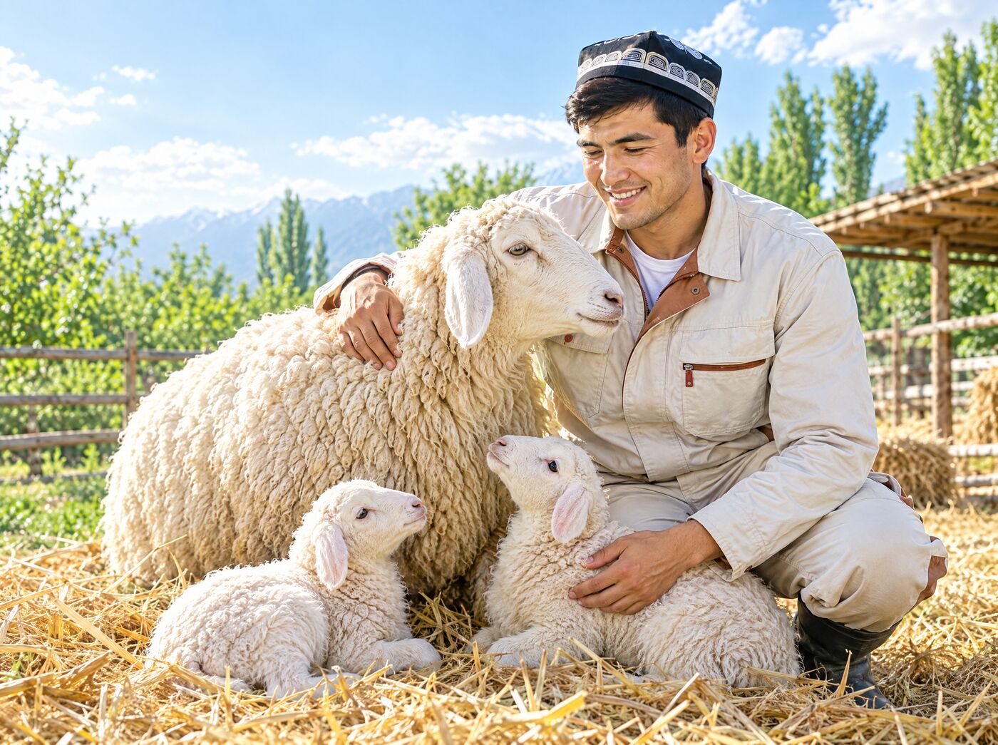 Fermer yangi tug‘ilgan egizak qo‘zichoqlar yonida
