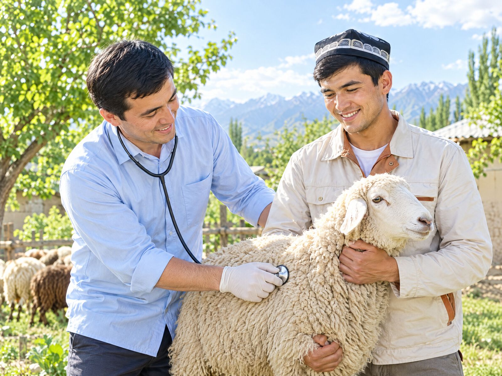 Veterinar fermer bilan qo‘yni tekshirmoqda